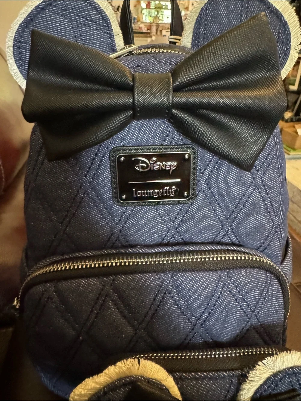 Loungefly Navy Quilted Denim Minnie Ear Mini Backpack with Black Bow w/ Wallet
